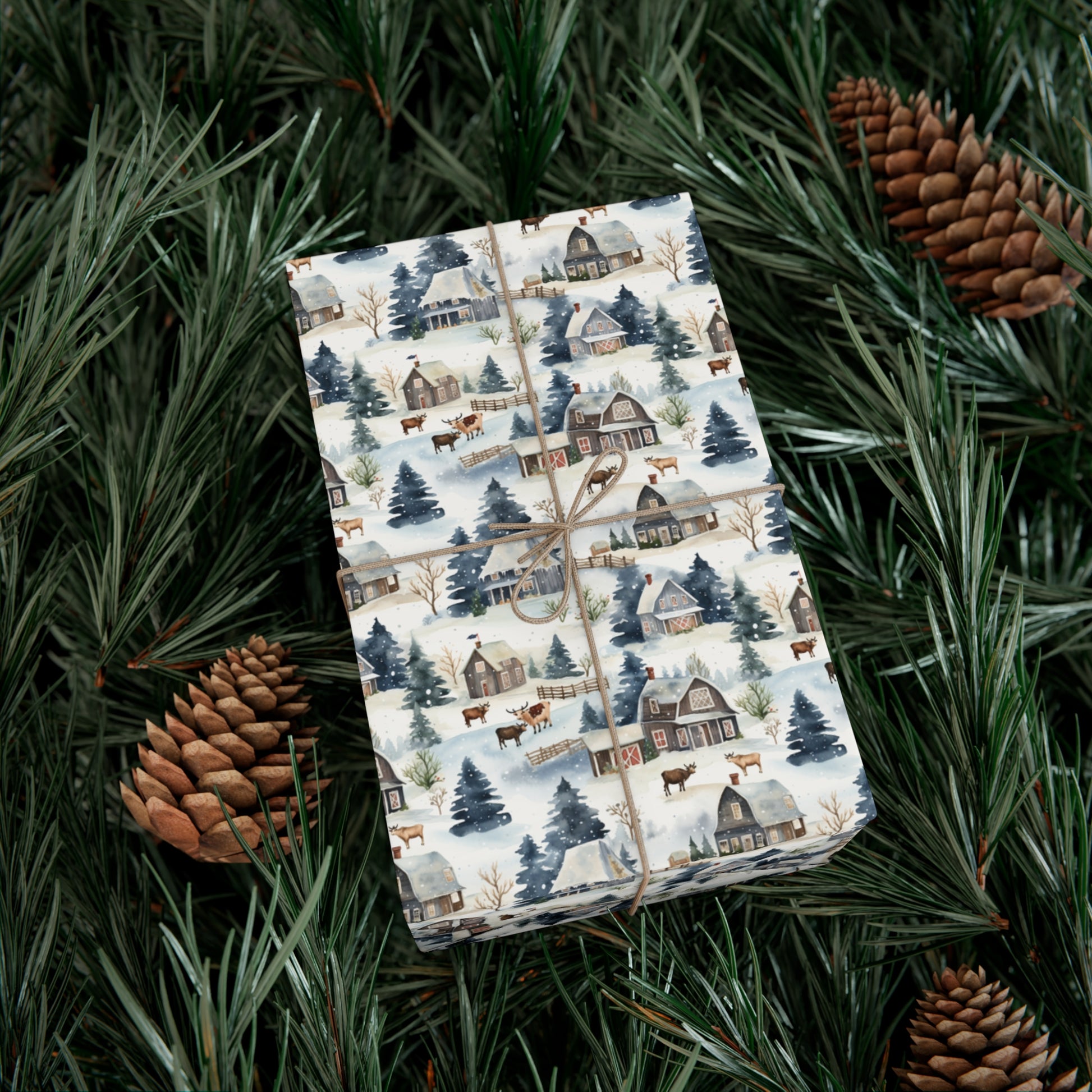 Christmas Wrapping Paper, Cows and Blue Barns, mock up on a present