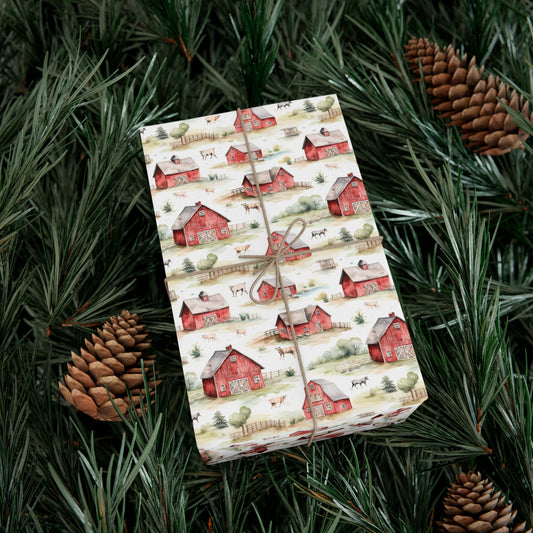 Christmas Wrapping Paper, Red Barns, wrapped present