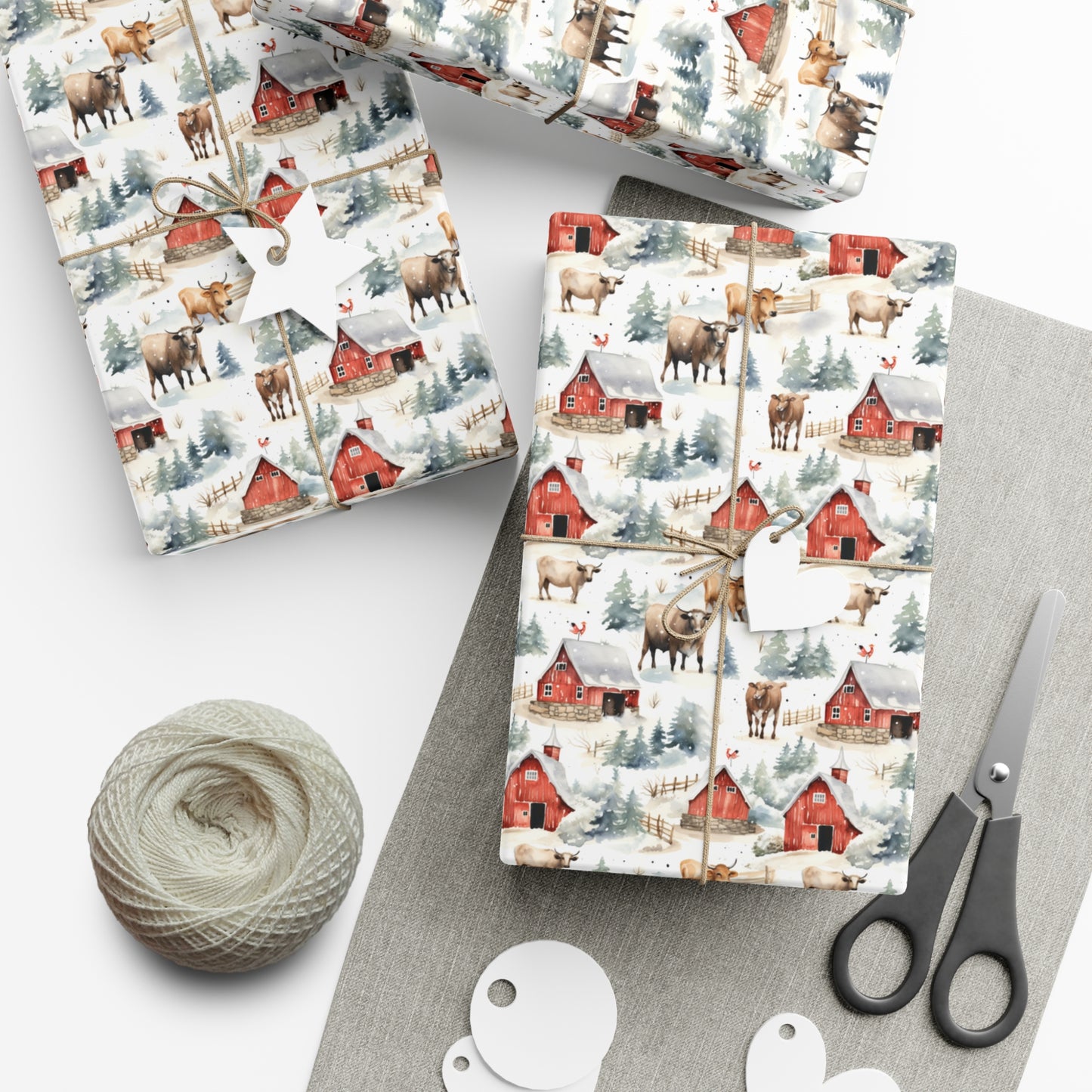 Christmas Wrapping Paper, Cows and Red Barns, example on three presents