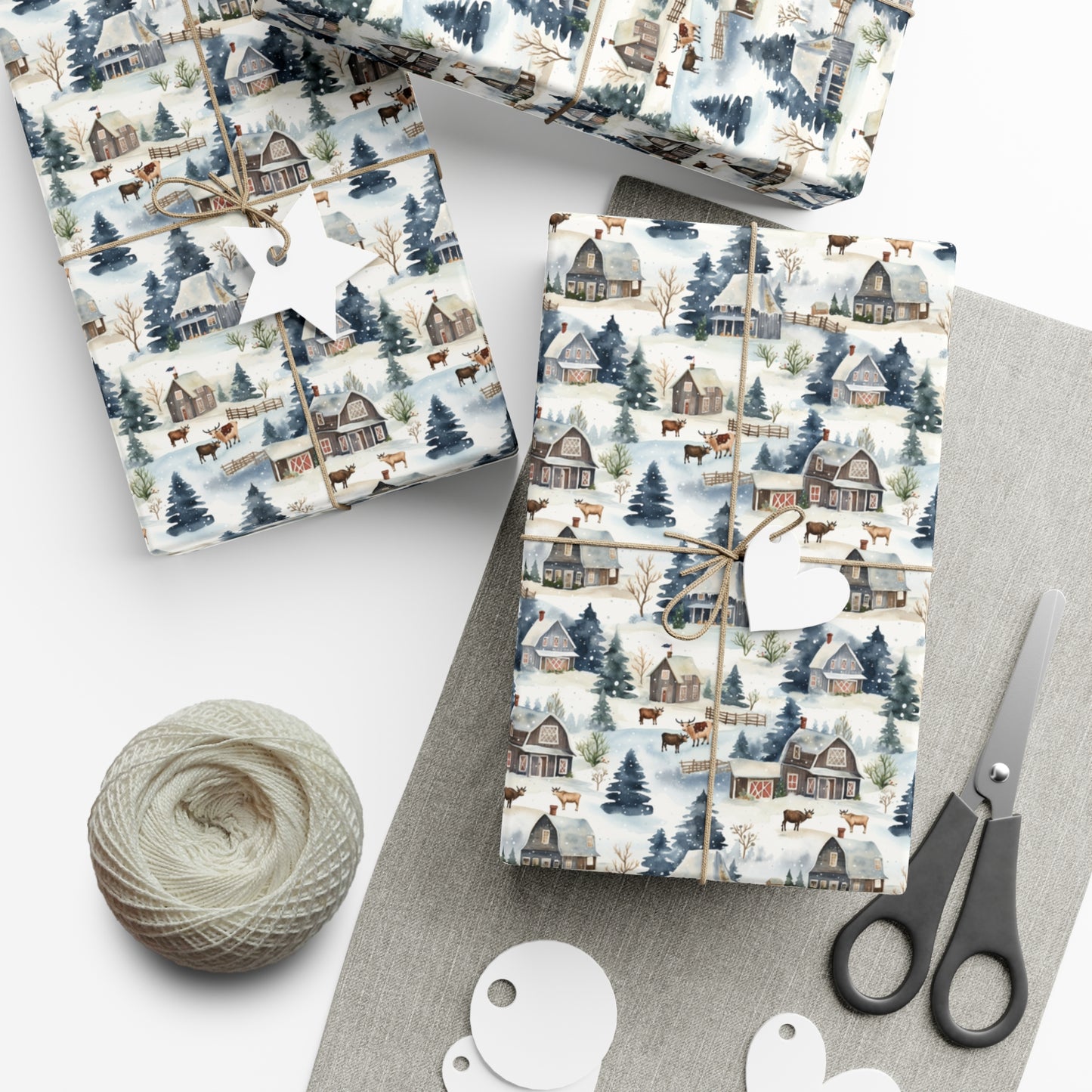 Christmas Wrapping Paper, Cows and Blue Barns, mock up on multiple presents