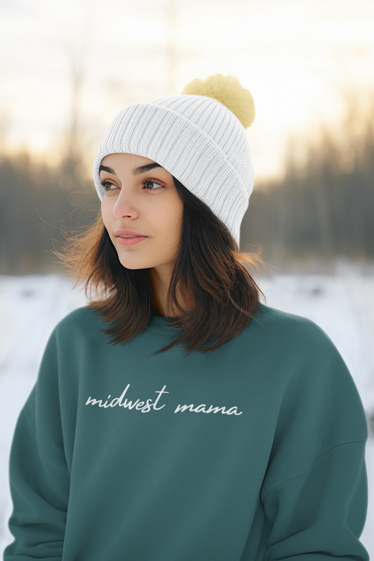 Woman Wearing Cozy crew neck Midwest Momma sweatshirt